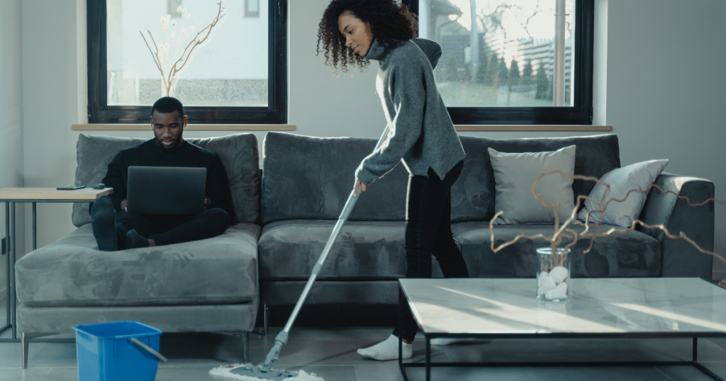 disinfecting area near leather sofa